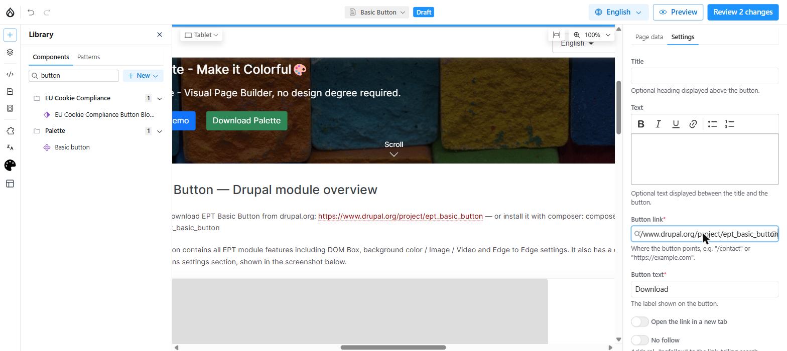 Basic Button component settings and Link Options in Drupal Canvas