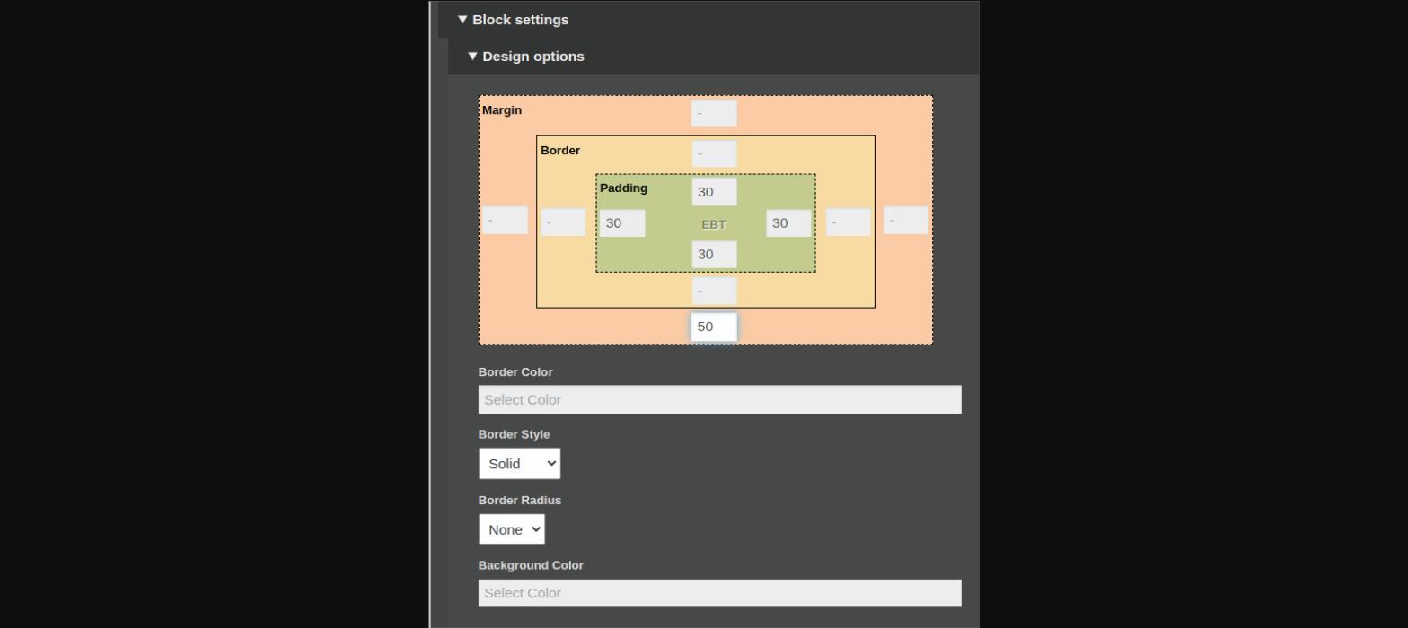 DOM Box block settings with margin, border, padding controls