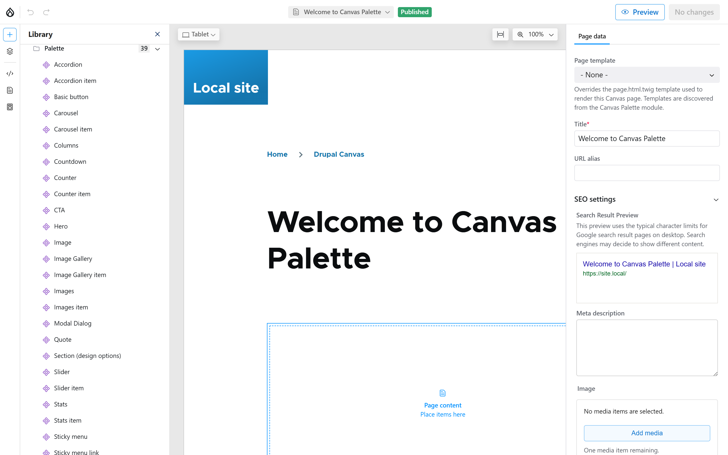 Canvas エディタのライブラリパネルが開き、Accordion、Carousel、CTA、Hero、Quote、Slider、Stats など39個のコンポーネントを持つ Palette カテゴリが表示されている。