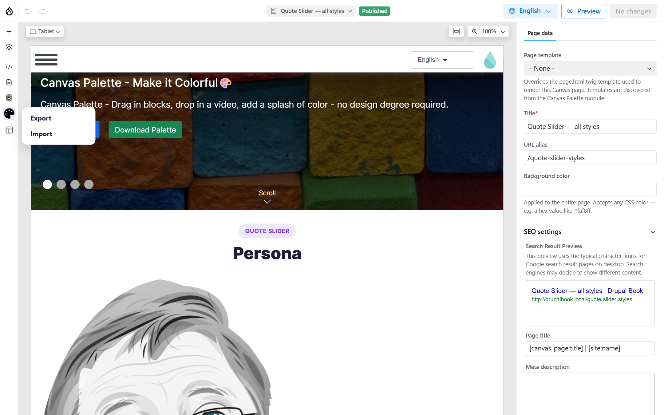 Canvas editor with the Palette side-menu button open, showing Export and Import.