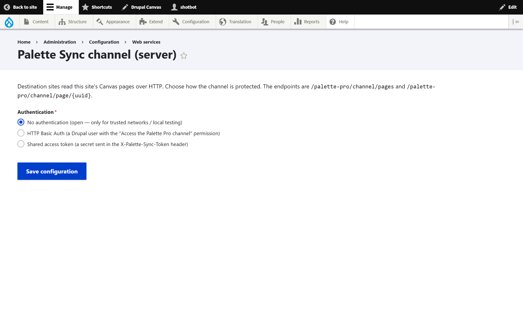 Palette Sync channel settings page with authentication options.