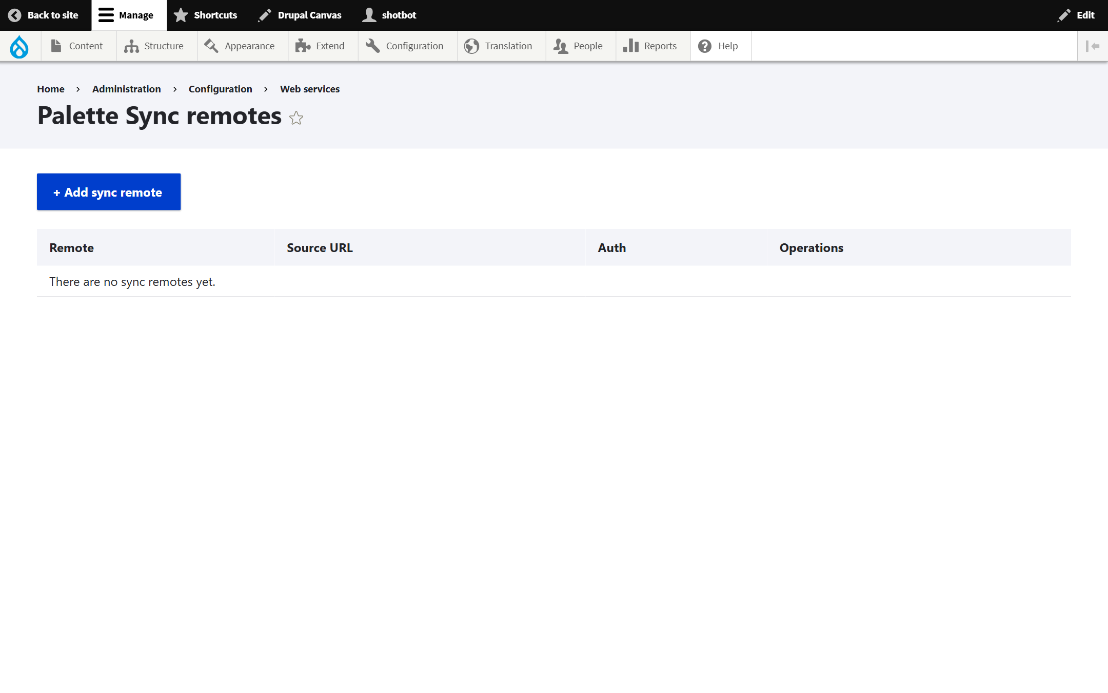 Palette Sync remotes admin listing.