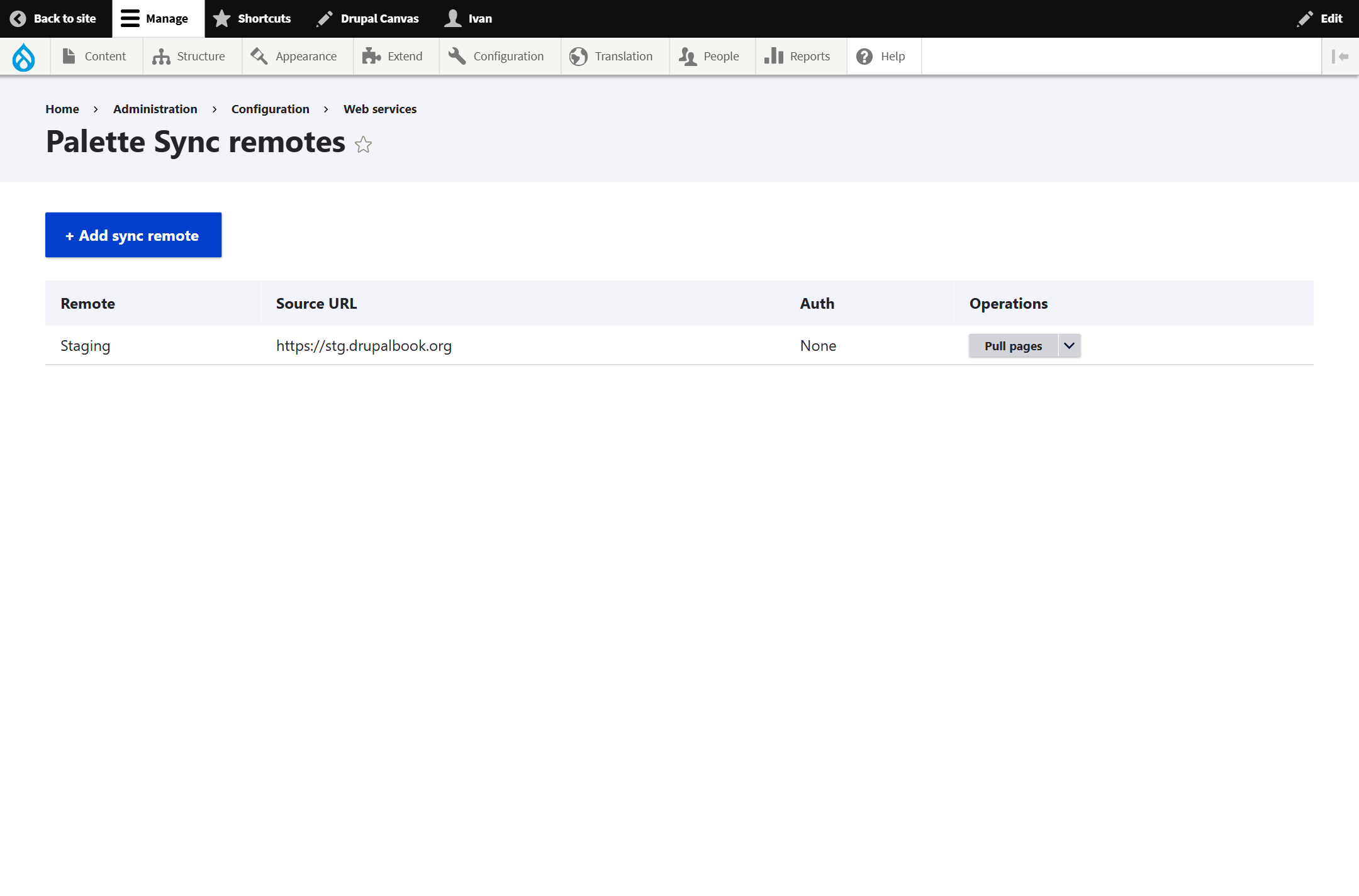 Palette Sync remotes list on production showing the Staging remote.