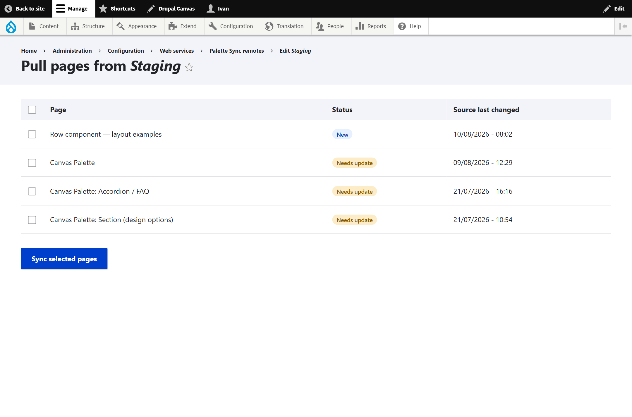 Pull pages listing with the Row page marked New.
