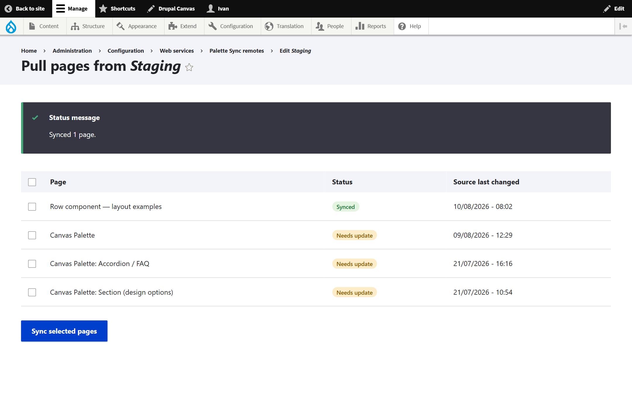 Pull pages listing after syncing, showing Synced 1 page and a green Synced badge.