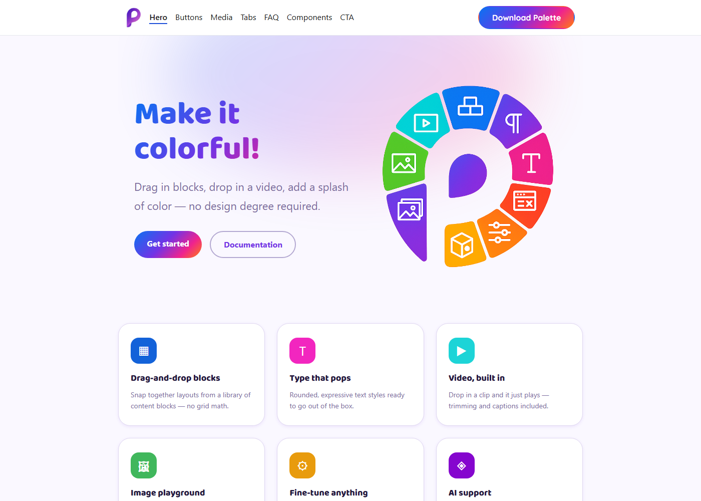 Canvas demo page before any changes: purple P logo, Download Palette button, Make it colorful hero and colourful wheel image.