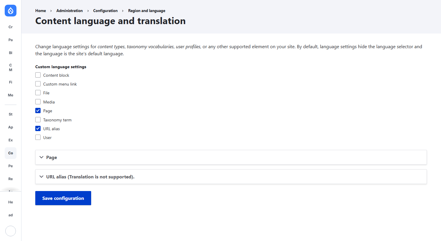 Content language and translation settings with the Page entity checkbox enabled.