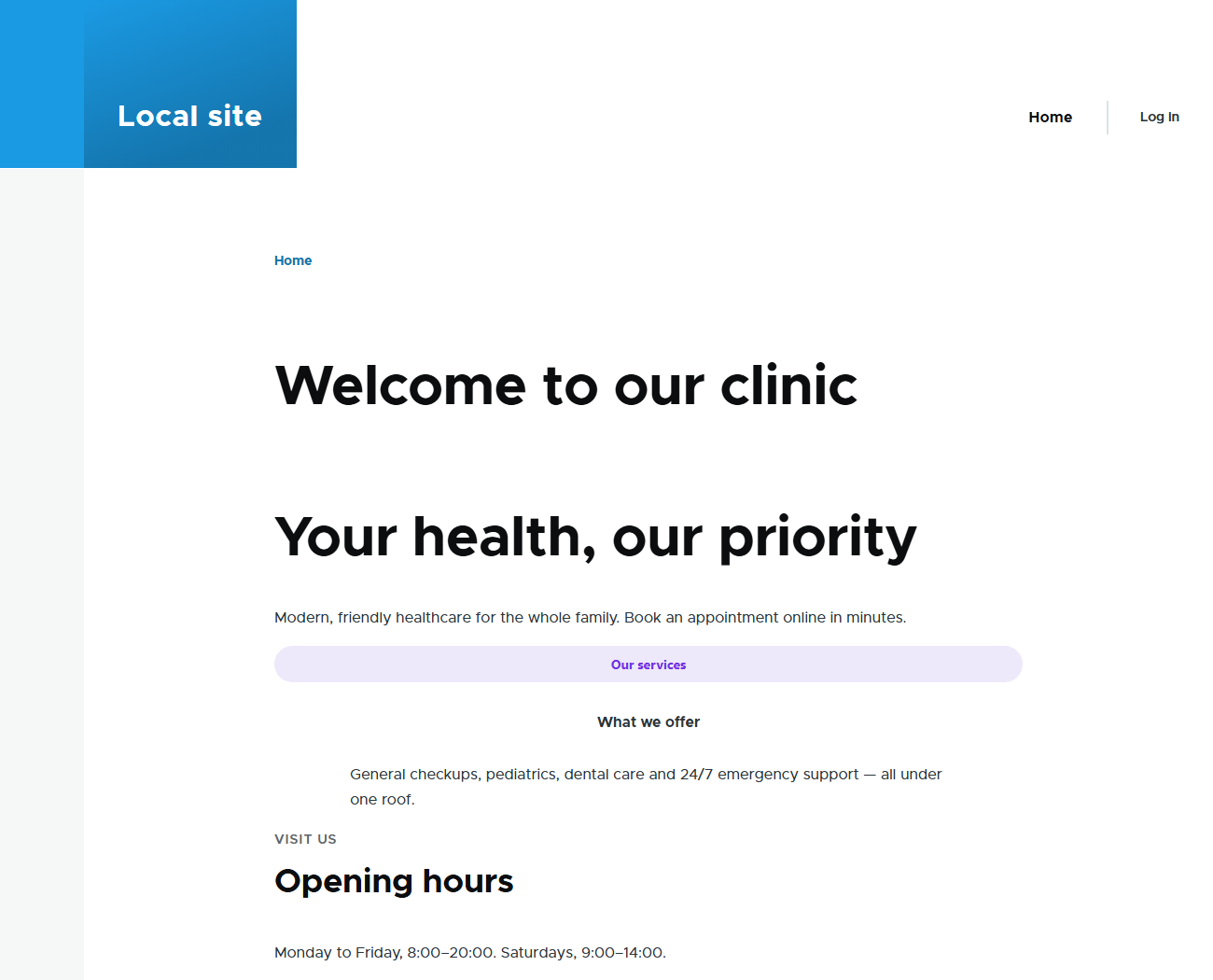 English clinic page: Welcome to our clinic, Your health our priority, What we offer, Opening hours.