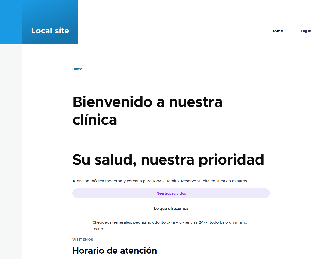 Spanish clinic page: Bienvenido a nuestra clínica, Su salud nuestra prioridad, Lo que ofrecemos, Horario de atención.