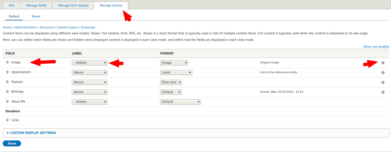 setting up Drupal fields