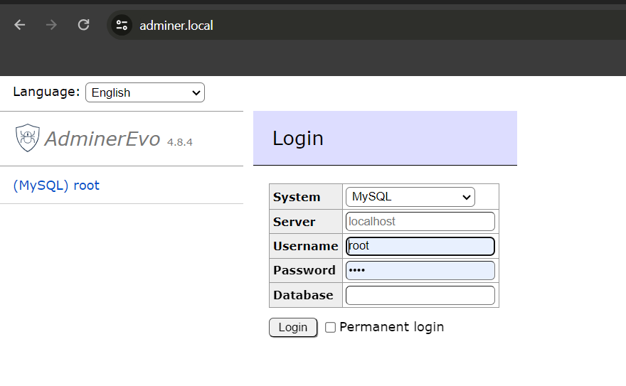 AdminerEvo login