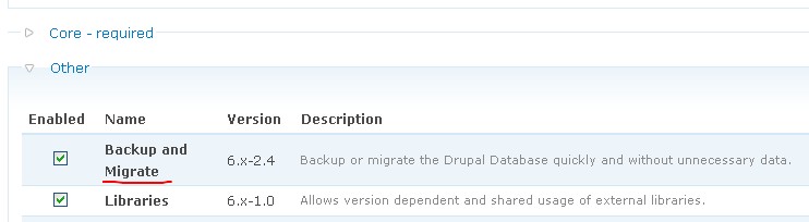 Drupal backup and migrate